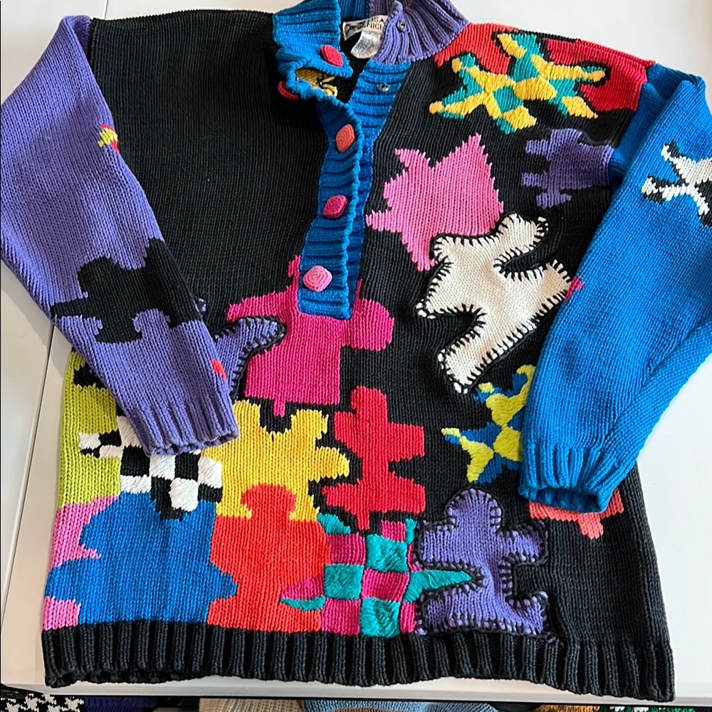 Lisa‎ Nichols - size 2, vintage, Colorful Puzzle Pattern Sweater